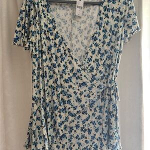 Floral Wrap Top - Blue and White